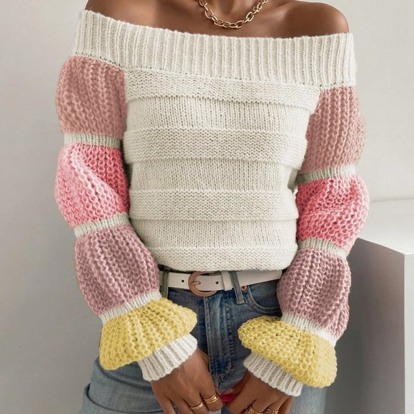 Apricot Casual Womens Off Shoulder Colorblock Virago Sleeve Sweater - Picture 4 of 5